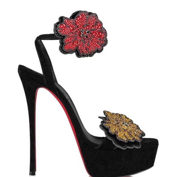 Christian Louboutin Black and Gold Floral Heels - Picture 2 of 6